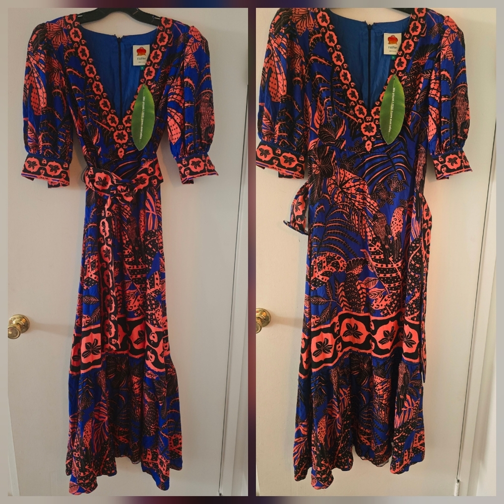 Farm Rio Peach And Blue Birds Maxidress